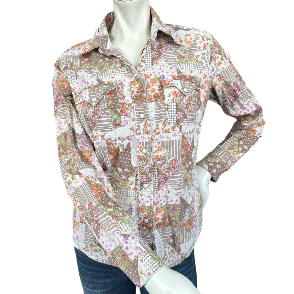 Vintage Y2K Lucky Brand Floral Patchwork Western Long Sleeve Blouse Pearl Snaps